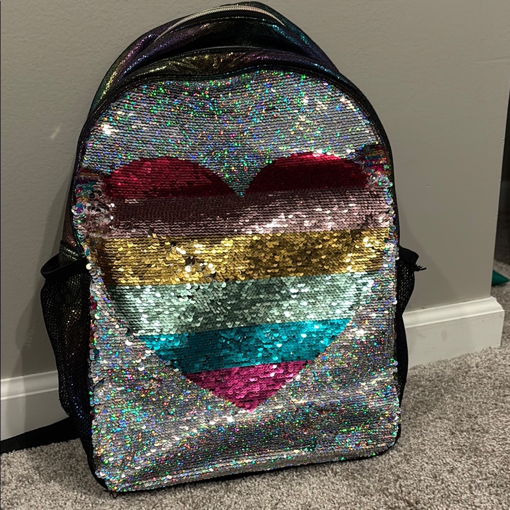 Used condition Kids reversible Sequin Backpack with Multicolor Heart